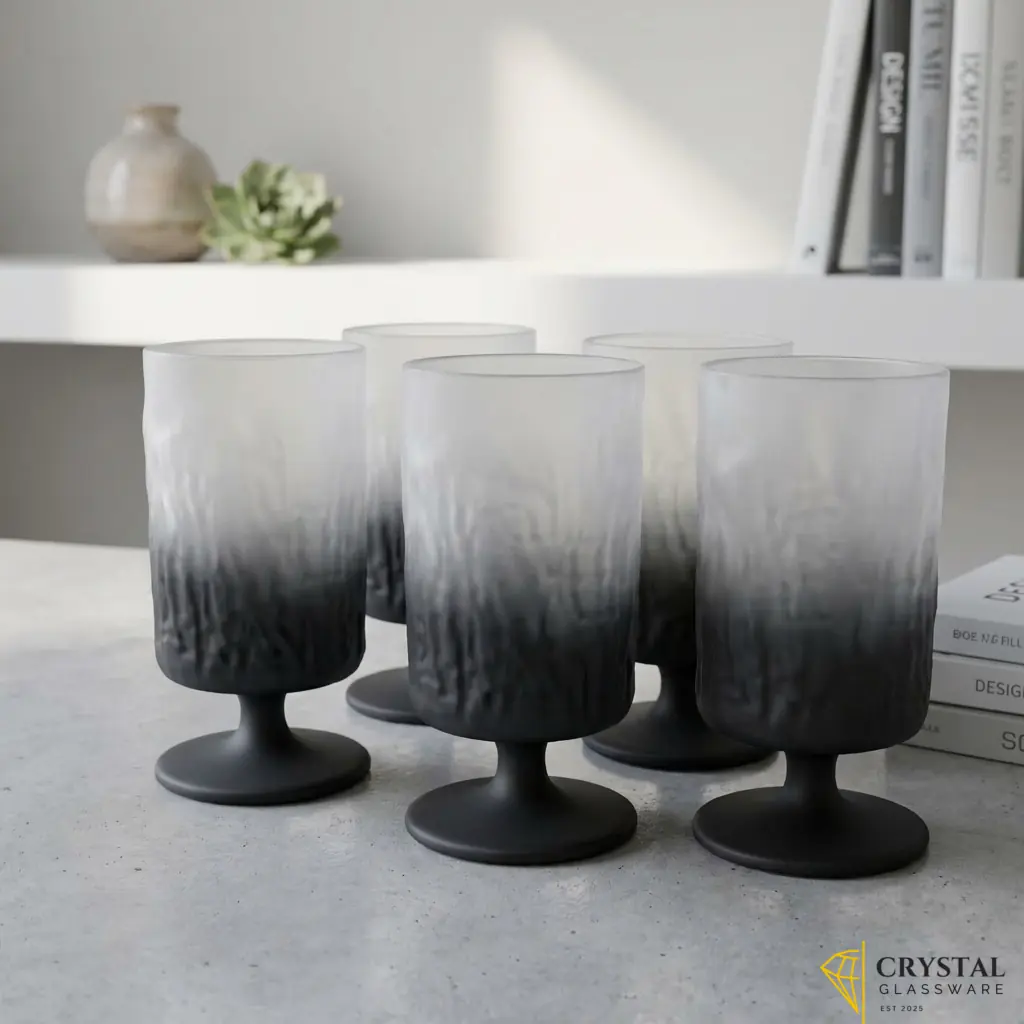 Frosted ombre glass goblets with black base and textured design.
